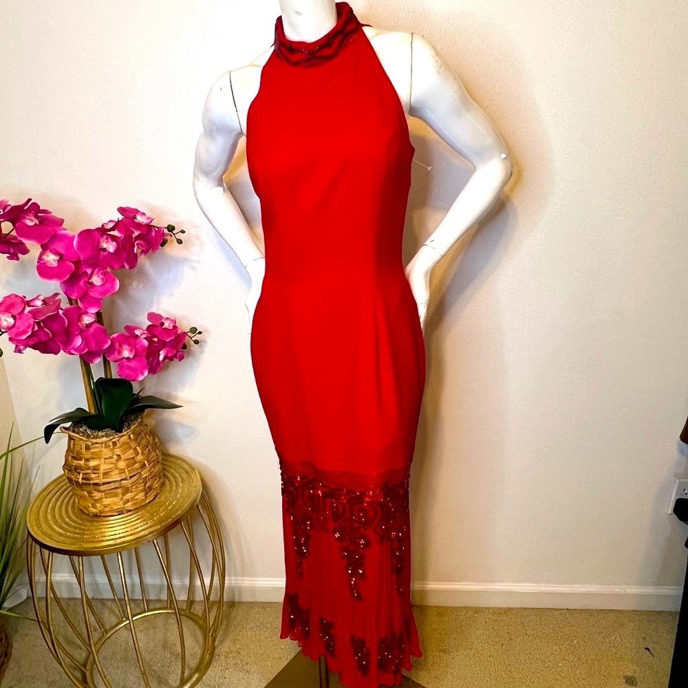 VTG Alyce Designs Red Sequin Roaring Midi Dress • Sz 8 Poly/ Silk - Picture 4 of 16